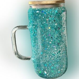 16oz Snow Globe Teal Glitter Glass Tumbler